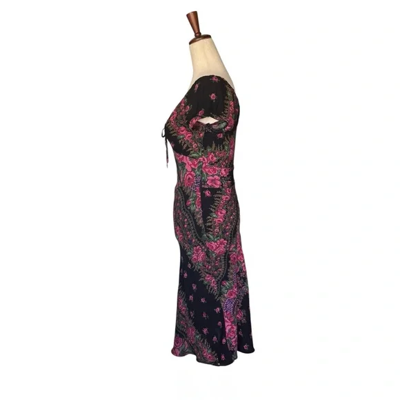 Vintage Rare Y2K Betsey Johnson Black Label Milkmaid Black Floral Roses Dress S